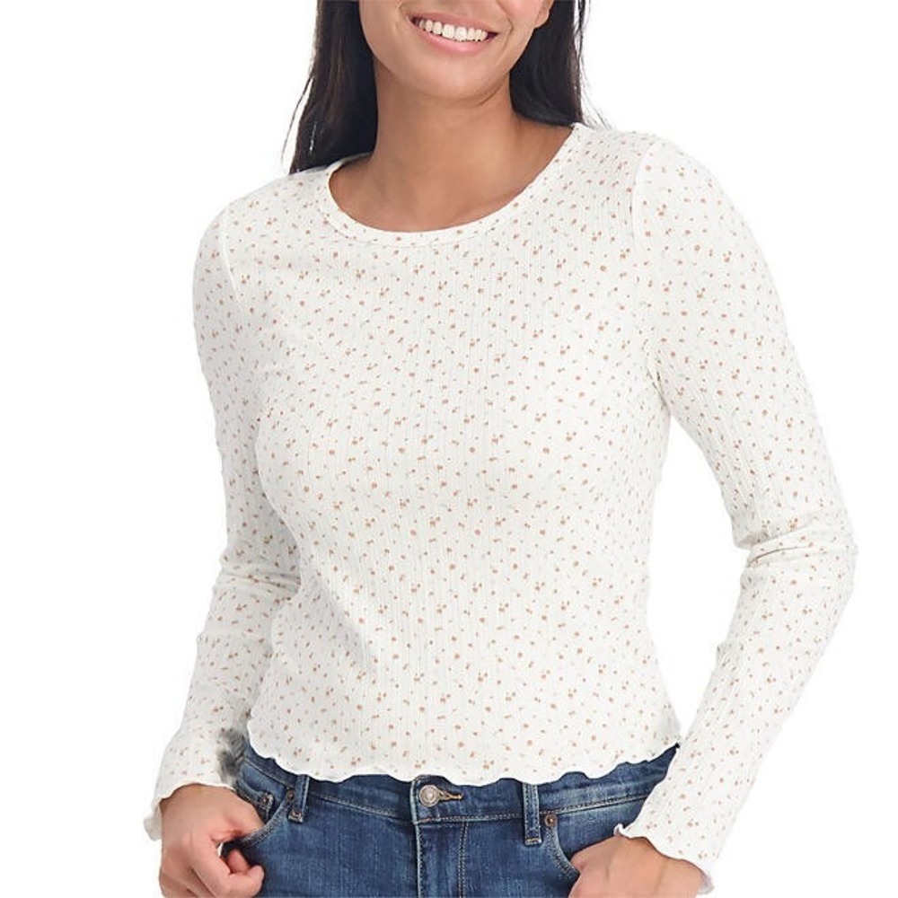 Aeropostale Women White Floral Shrunken Tee Long Sleeve Ribbed Top Size S